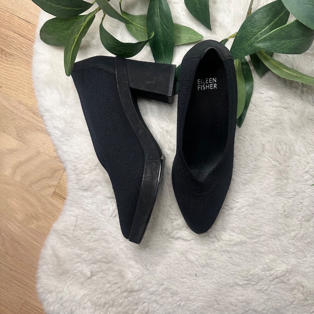 Eileen Fisher Black Knit Block Heels "Gabby Knit" | Minimal Work Shoes - Picture 4 of 5